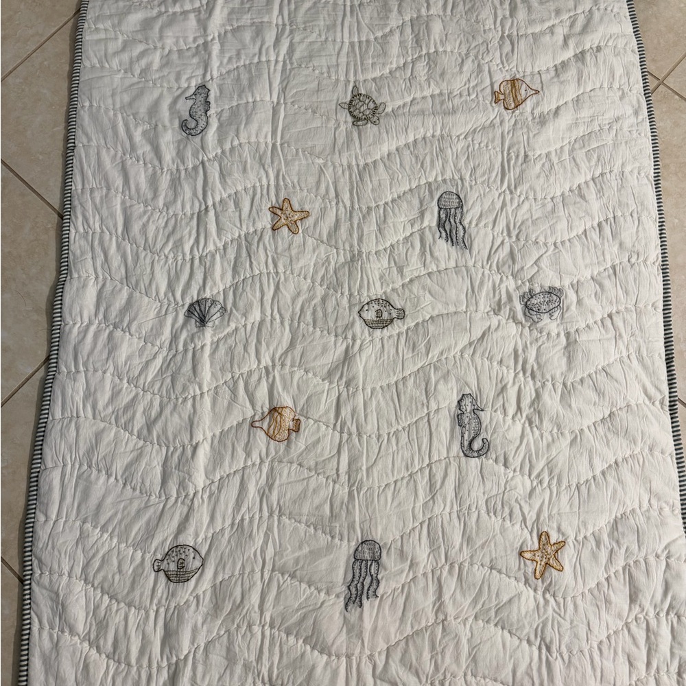 Crate and Barrel Nautical Themed White and Gray Quilt